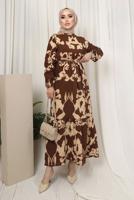 Tesettür giyim KAHVE KUŞAKLI DESENLİ BÜRÜMCÜK ELBİSE T 7413