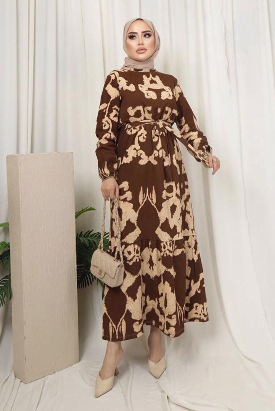 Tesettür giyim KAHVE KUŞAKLI DESENLİ BÜRÜMCÜK ELBİSE T 7413
