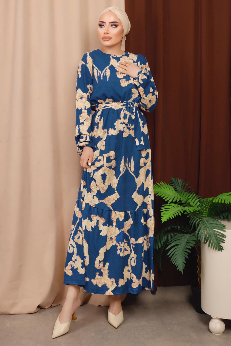 Tesettür giyim LACİVERT KUŞAKLI DESENLİ BÜRÜMCÜK ELBİSE T 7413