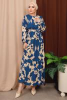 Tesettür giyim LACİVERT KUŞAKLI DESENLİ BÜRÜMCÜK ELBİSE T 7413