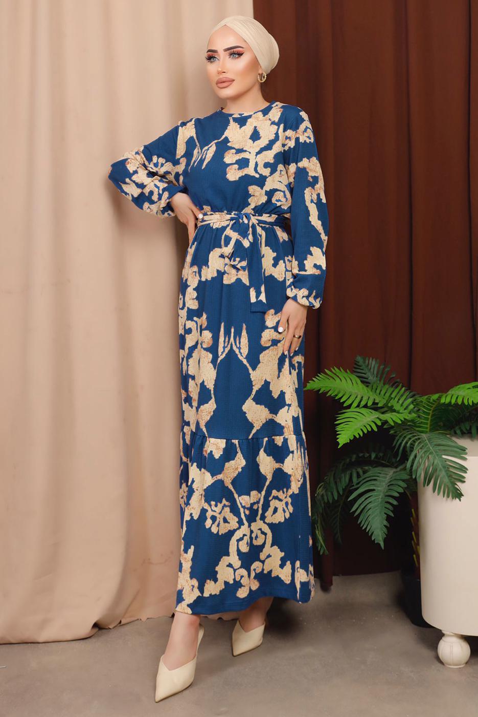 Tesettür giyim LACİVERT KUŞAKLI DESENLİ BÜRÜMCÜK ELBİSE T 7413