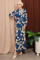 Tesettür giyim LACİVERT KUŞAKLI DESENLİ BÜRÜMCÜK ELBİSE T 7413