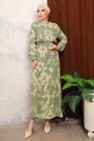 Tesettür giyim YEŞİL KUŞAKLI DESENLİ BÜRÜMCÜK ELBİSE T 7413