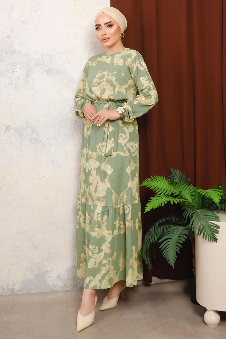 Tesettür giyim YEŞİL KUŞAKLI DESENLİ BÜRÜMCÜK ELBİSE T 7413