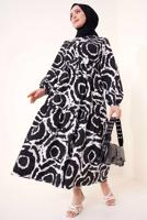 Tesettür giyim SİYAH DESENLİ KUŞAKLI ELBİSE T 744