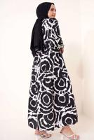 Tesettür giyim SİYAH DESENLİ KUŞAKLI ELBİSE T 744