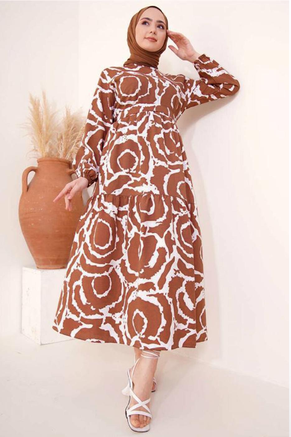 Tesettür giyim KAHVE DESENLİ KUŞAKLI ELBİSE T 744