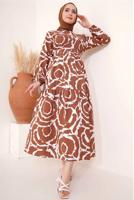 Tesettür giyim KAHVE DESENLİ KUŞAKLI ELBİSE T 744