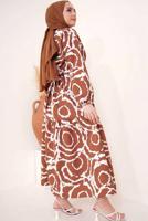 Tesettür giyim KAHVE DESENLİ KUŞAKLI ELBİSE T 744