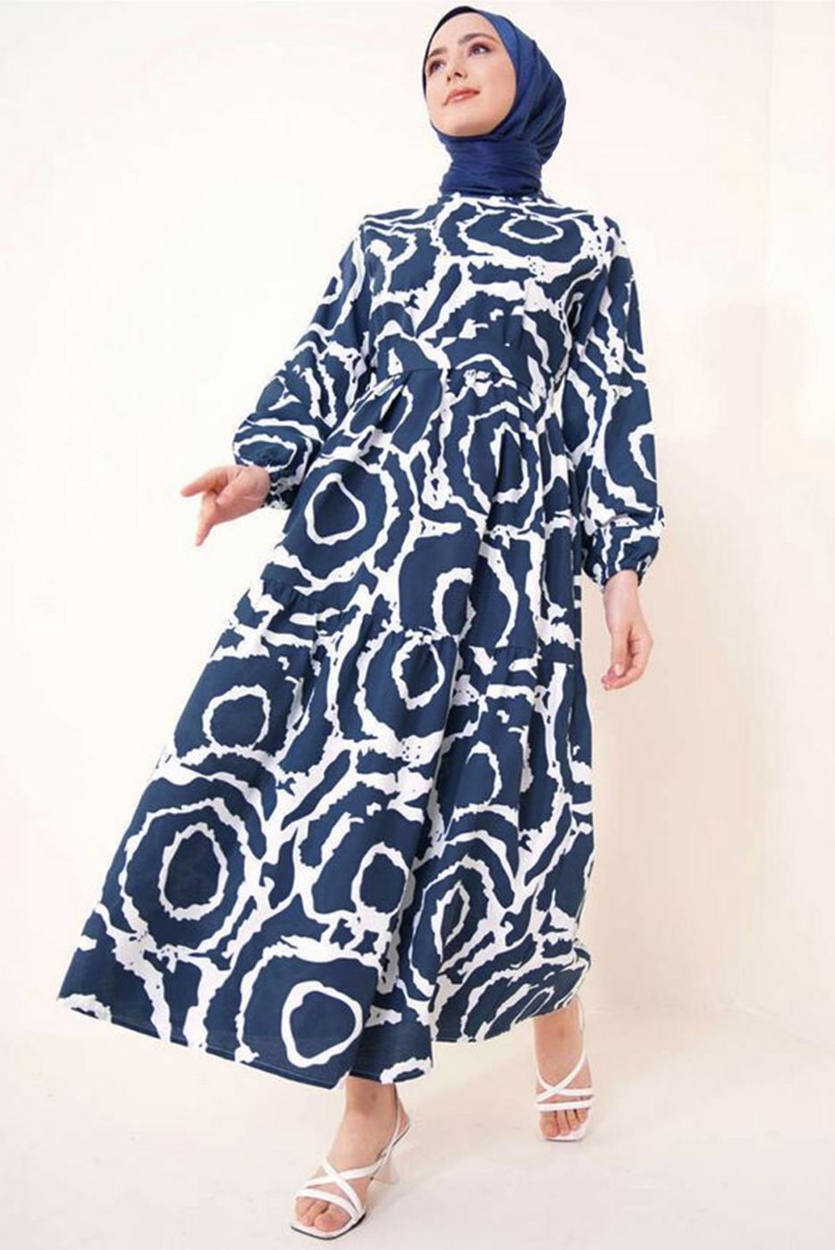 Tesettür giyim LACİVERT DESENLİ KUŞAKLI ELBİSE T 744
