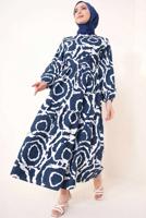Tesettür giyim LACİVERT DESENLİ KUŞAKLI ELBİSE T 744