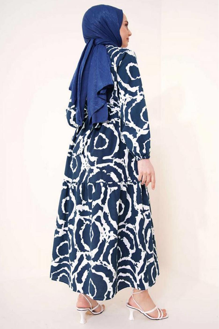 Tesettür giyim LACİVERT DESENLİ KUŞAKLI ELBİSE T 744