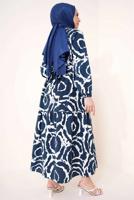 Tesettür giyim LACİVERT DESENLİ KUŞAKLI ELBİSE T 744