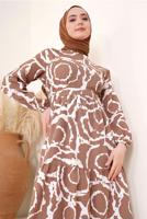 Tesettür giyim TABA DESENLİ KUŞAKLI ELBİSE T 744