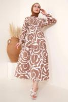 Tesettür giyim TABA DESENLİ KUŞAKLI ELBİSE T 744