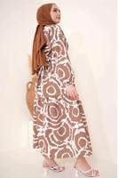 Tesettür giyim TABA DESENLİ KUŞAKLI ELBİSE T 744
