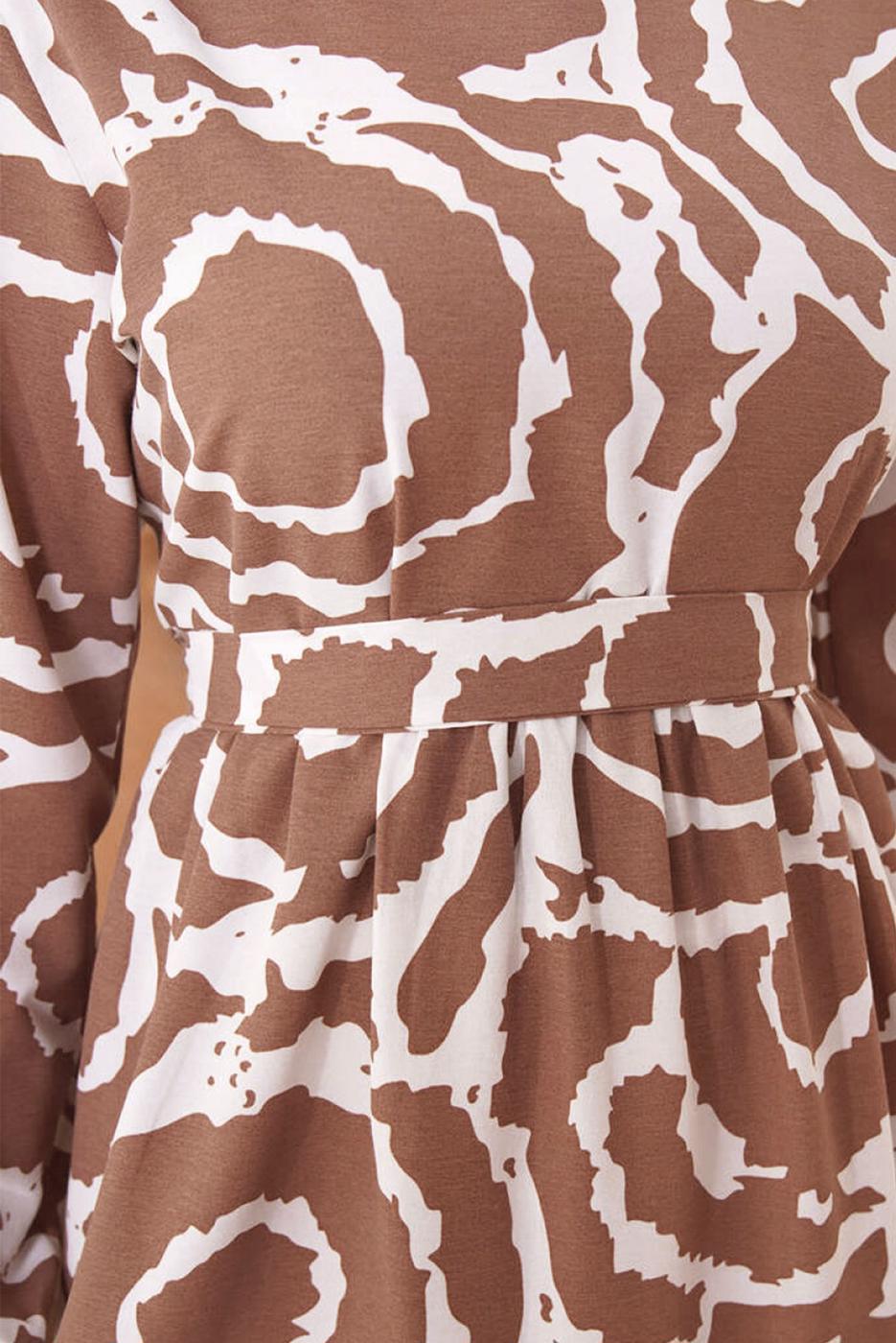 Tesettür giyim TABA DESENLİ KUŞAKLI ELBİSE T 744