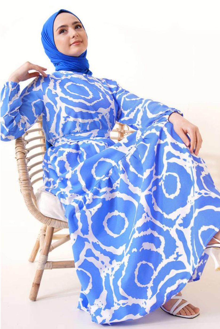 Tesettür giyim LACİVERT DESENLİ KUŞAKLI ELBİSE T 744