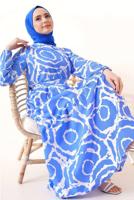 Tesettür giyim LACİVERT DESENLİ KUŞAKLI ELBİSE T 744