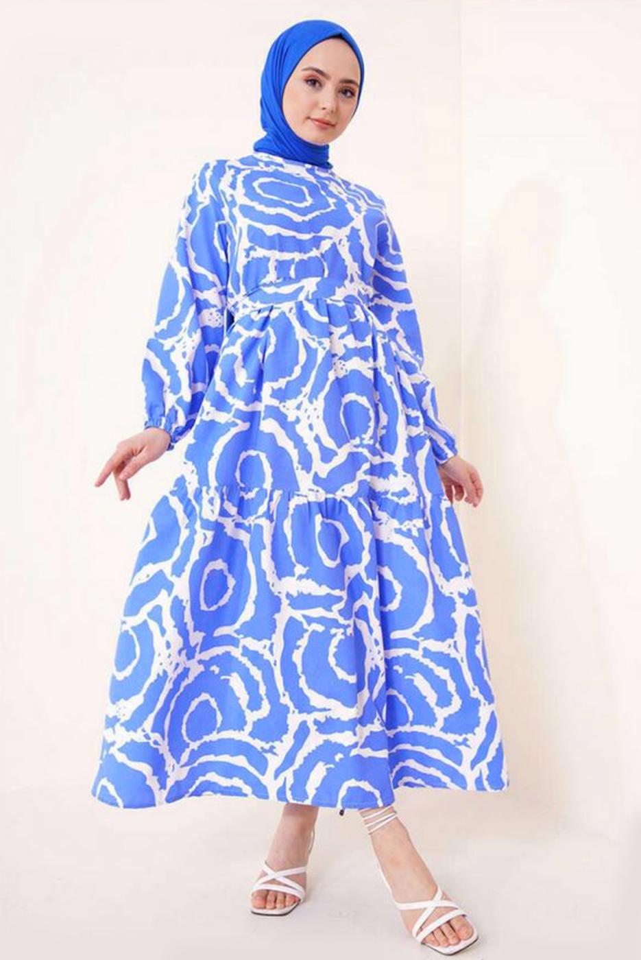 Tesettür giyim LACİVERT DESENLİ KUŞAKLI ELBİSE T 744