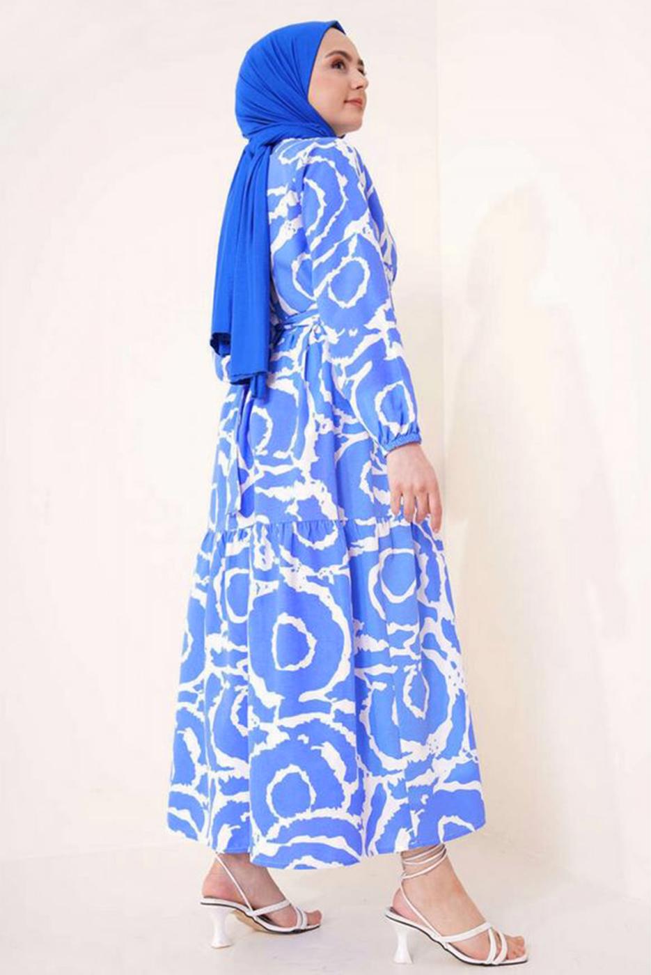 Tesettür giyim LACİVERT DESENLİ KUŞAKLI ELBİSE T 744
