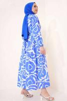 Tesettür giyim LACİVERT DESENLİ KUŞAKLI ELBİSE T 744