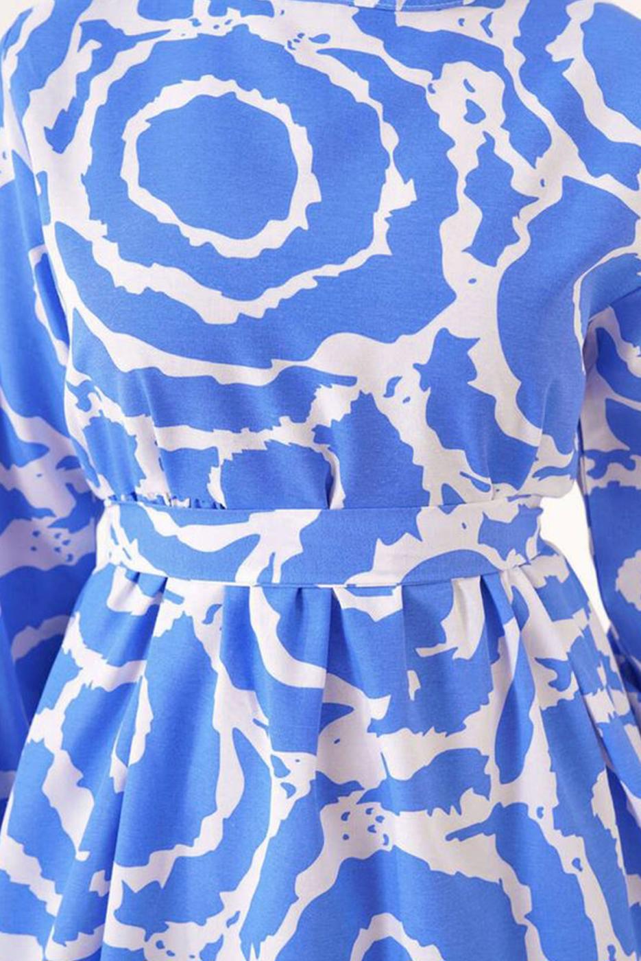 Tesettür giyim LACİVERT DESENLİ KUŞAKLI ELBİSE T 744