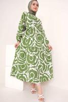 Tesettür giyim YEŞİL DESENLİ KUŞAKLI ELBİSE T 744