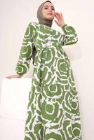Tesettür giyim YEŞİL DESENLİ KUŞAKLI ELBİSE T 744