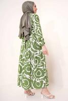 Tesettür giyim YEŞİL DESENLİ KUŞAKLI ELBİSE T 744