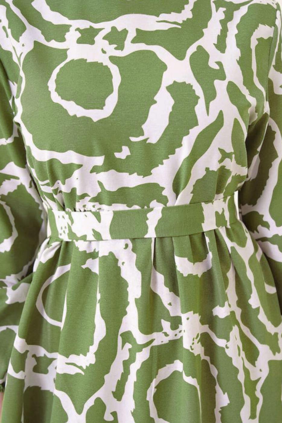 Tesettür giyim YEŞİL DESENLİ KUŞAKLI ELBİSE T 744