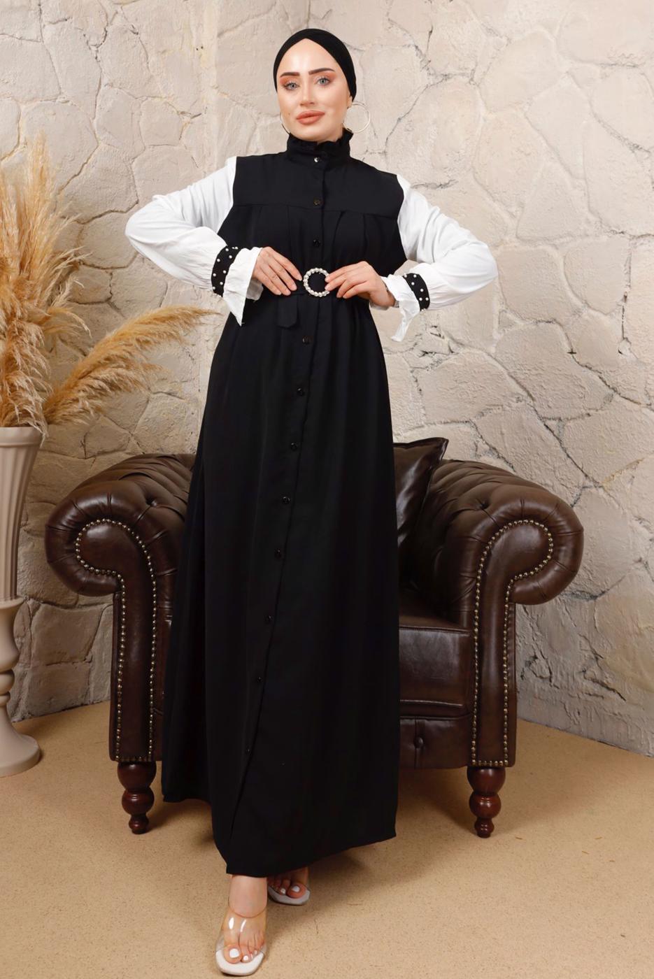 Tesettür giyim SİYAH KEMERLİ İNCİ DETAYLI GARNİLİ ELBİSE T 7503