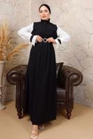 Tesettür giyim SİYAH KEMERLİ İNCİ DETAYLI GARNİLİ ELBİSE T 7503
