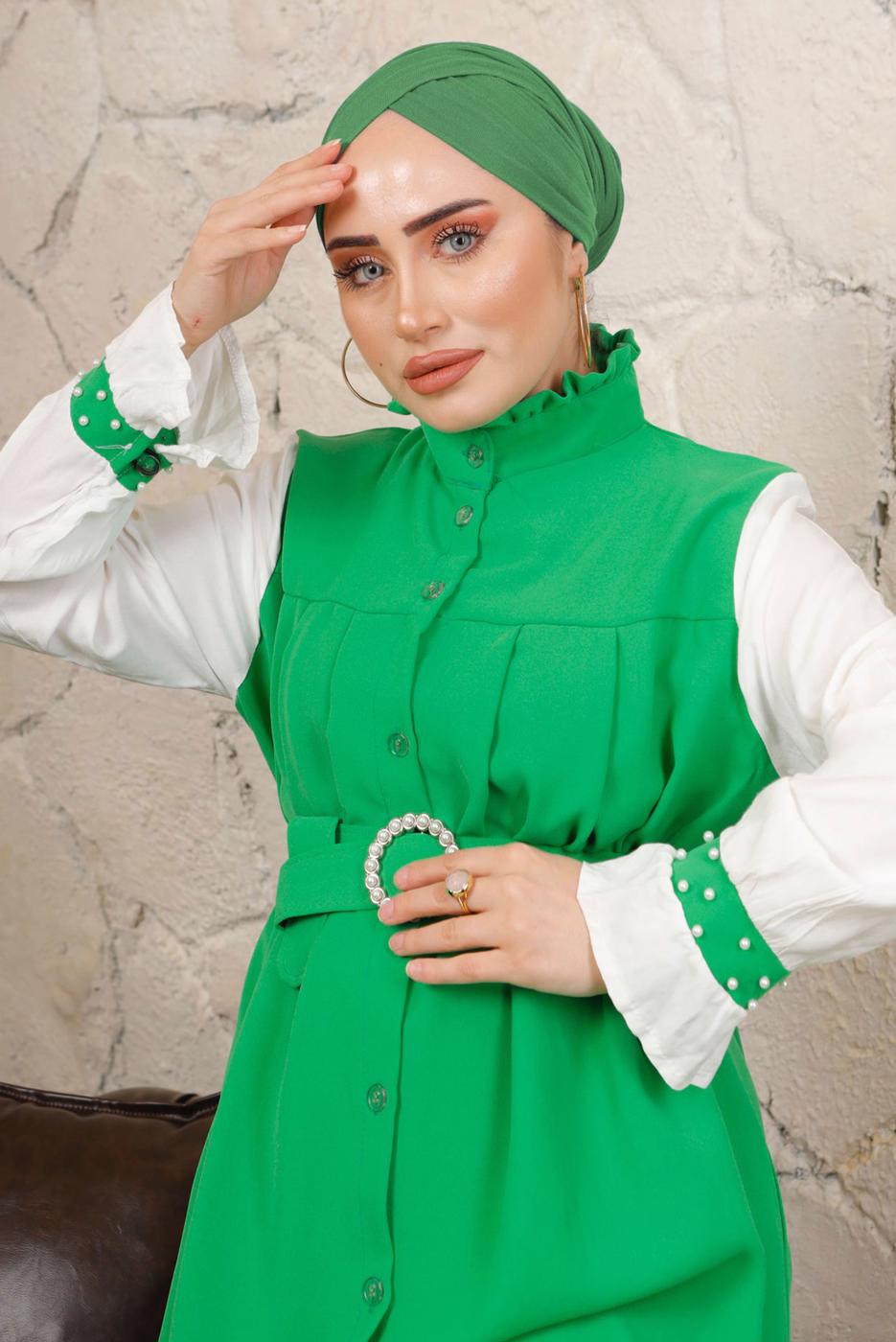 Tesettür giyim YEŞİL KEMERLİ İNCİ DETAYLI GARNİLİ ELBİSE T 7503