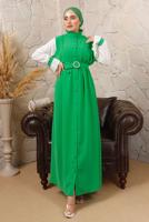 Tesettür giyim YEŞİL KEMERLİ İNCİ DETAYLI GARNİLİ ELBİSE T 7503