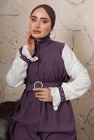 Tesettür giyim MOR KEMERLİ İNCİ DETAYLI GARNİLİ ELBİSE T 7503