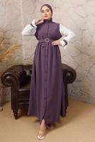 Tesettür giyim MOR KEMERLİ İNCİ DETAYLI GARNİLİ ELBİSE T 7503