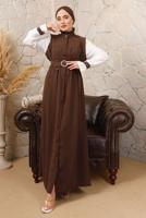 Tesettür giyim KAHVE KEMERLİ İNCİ DETAYLI GARNİLİ ELBİSE T 7503
