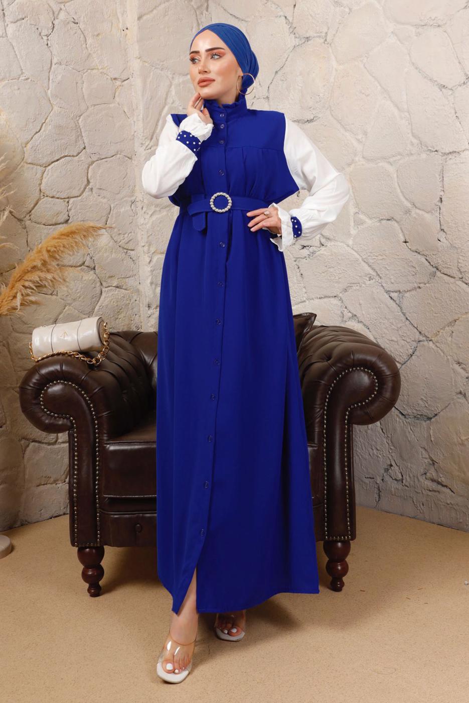 Tesettür giyim LACİVERT KEMERLİ İNCİ DETAYLI GARNİLİ ELBİSE T 7503