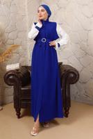 Tesettür giyim LACİVERT KEMERLİ İNCİ DETAYLI GARNİLİ ELBİSE T 7503