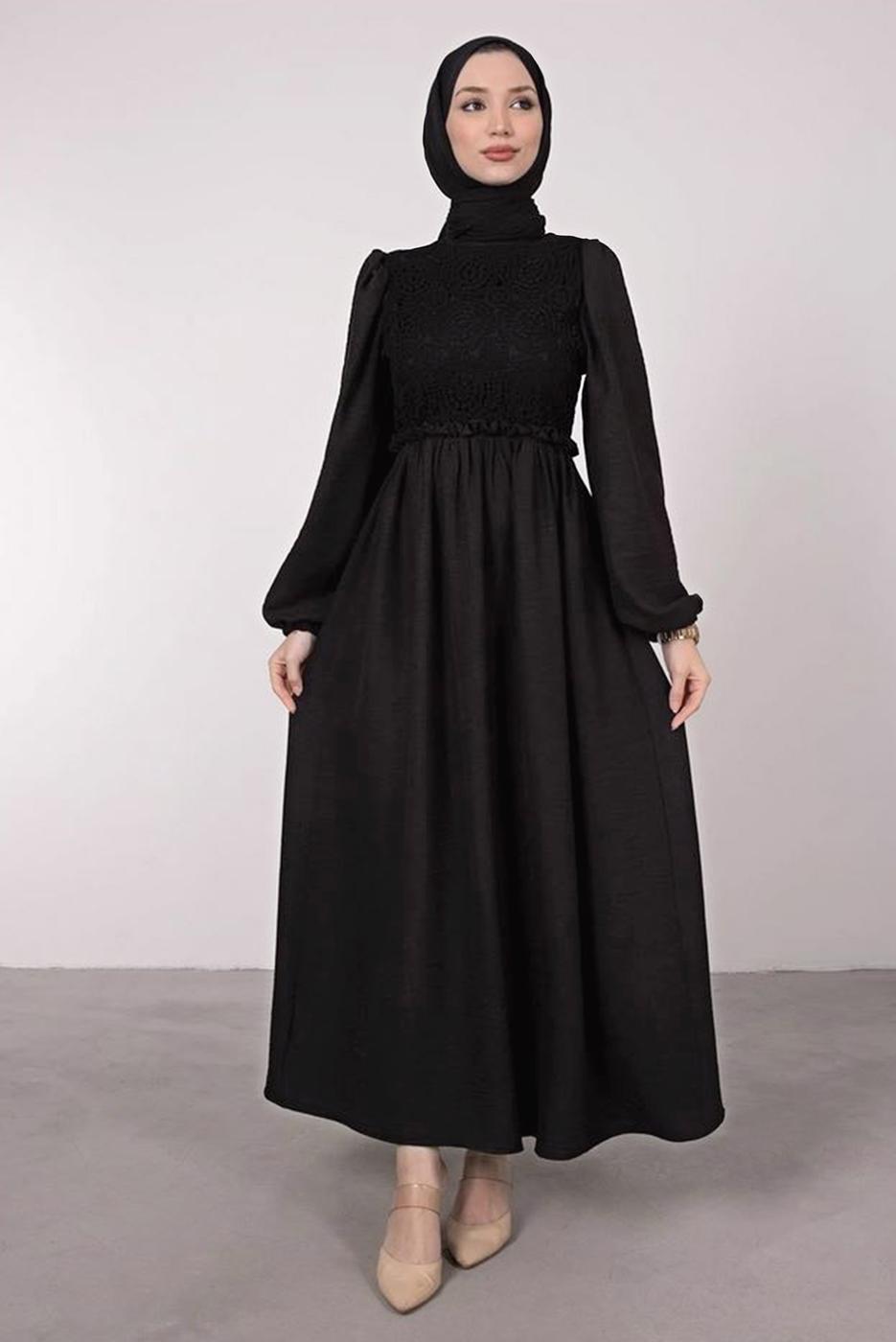 Tesettür giyim SİYAH ETNİK DANTELLİ BALON KOL ELBİSE T 7585