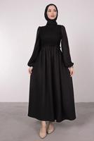 Tesettür giyim SİYAH ETNİK DANTELLİ BALON KOL ELBİSE T 7585