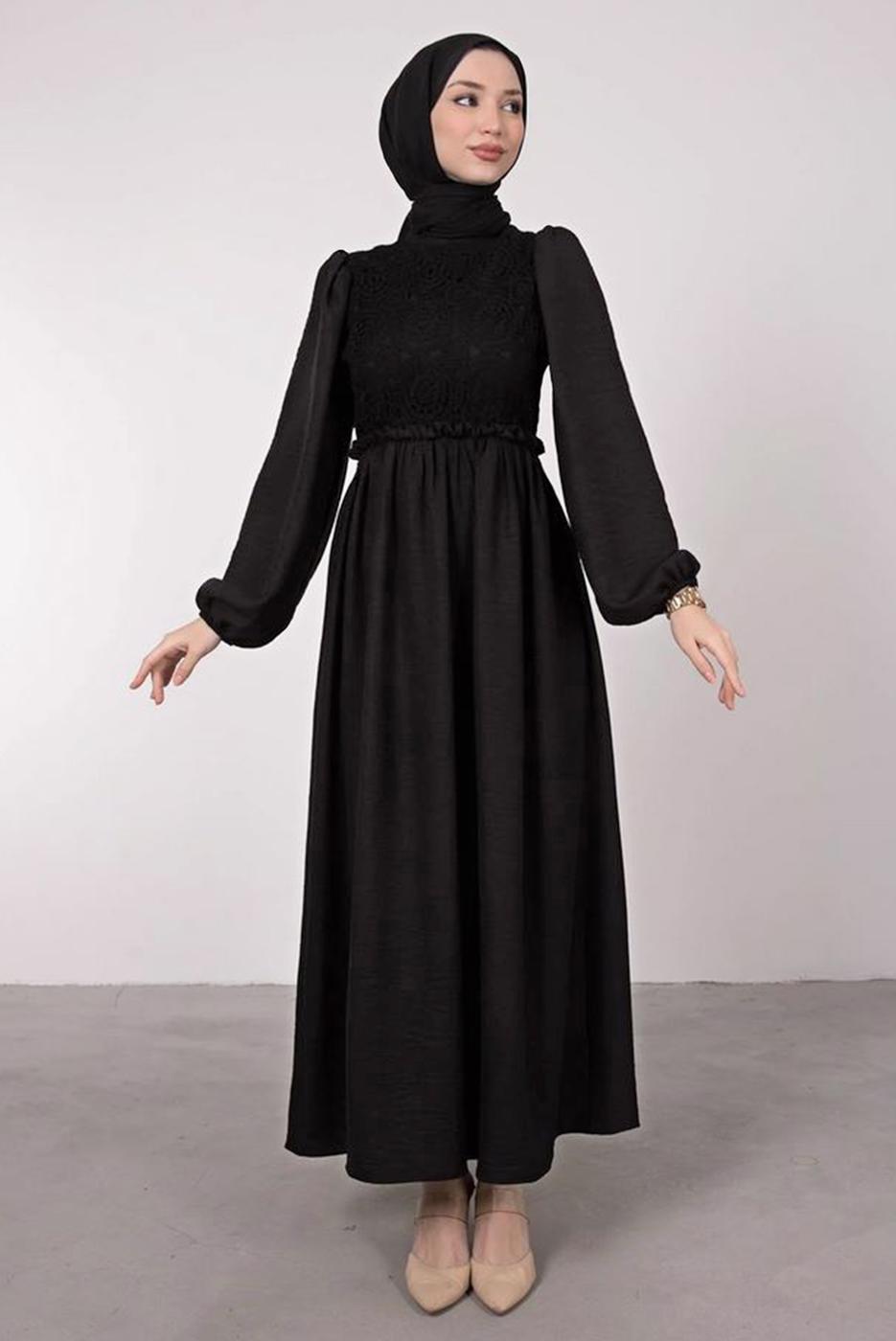 Tesettür giyim SİYAH ETNİK DANTELLİ BALON KOL ELBİSE T 7585