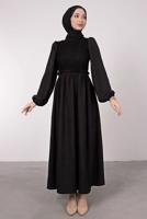 Tesettür giyim SİYAH ETNİK DANTELLİ BALON KOL ELBİSE T 7585