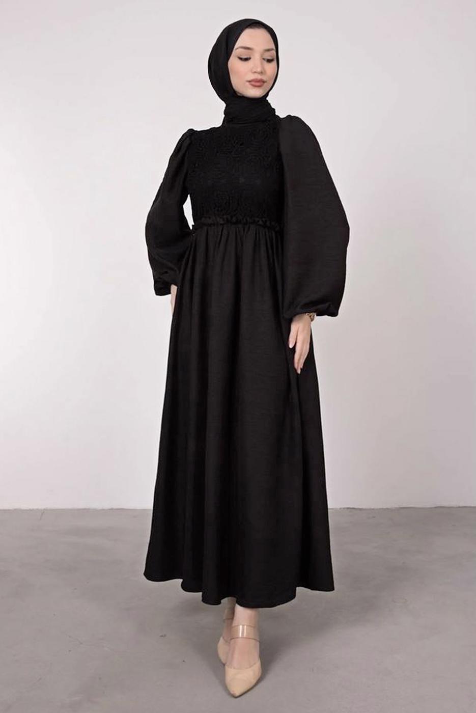 Tesettür giyim SİYAH ETNİK DANTELLİ BALON KOL ELBİSE T 7585