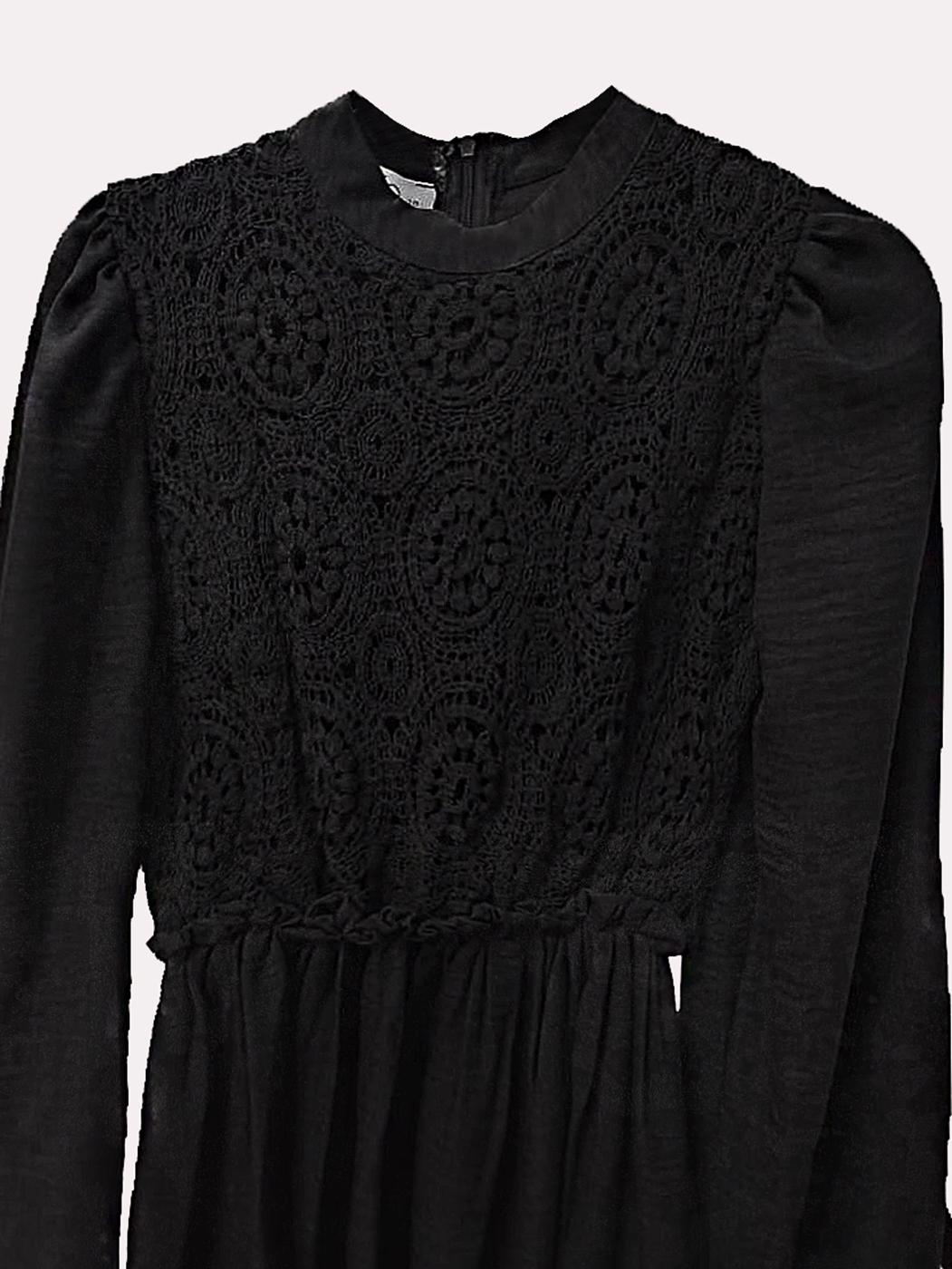 Tesettür giyim SİYAH ETNİK DANTELLİ BALON KOL ELBİSE T 7585