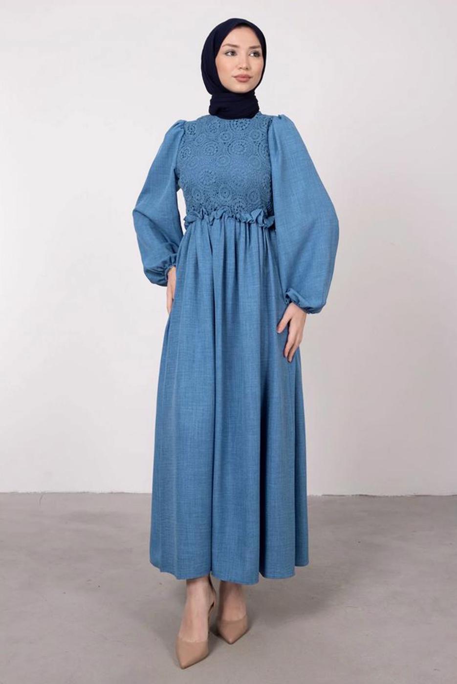 Tesettür giyim MAVİ ETNİK DANTELLİ BALON KOL ELBİSE T 7585