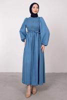 Tesettür giyim MAVİ ETNİK DANTELLİ BALON KOL ELBİSE T 7585