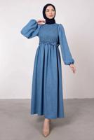 Tesettür giyim MAVİ ETNİK DANTELLİ BALON KOL ELBİSE T 7585