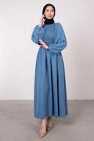 Tesettür giyim MAVİ ETNİK DANTELLİ BALON KOL ELBİSE T 7585